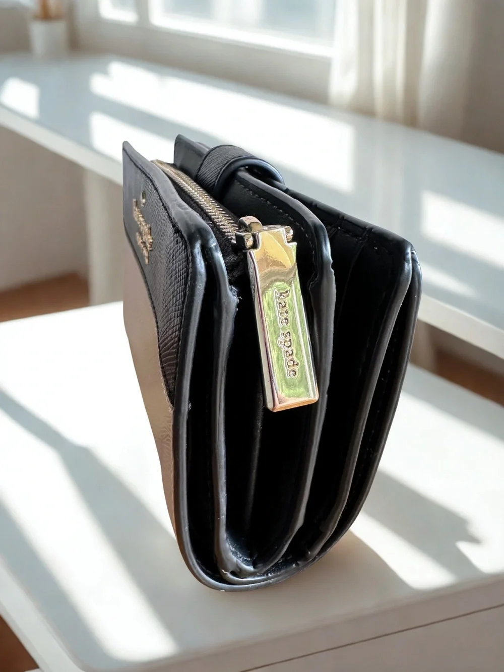 Kate Spade Staci Colorblock Medium Compact Bifold Wallet warm beige/black - Picture 3 of 13